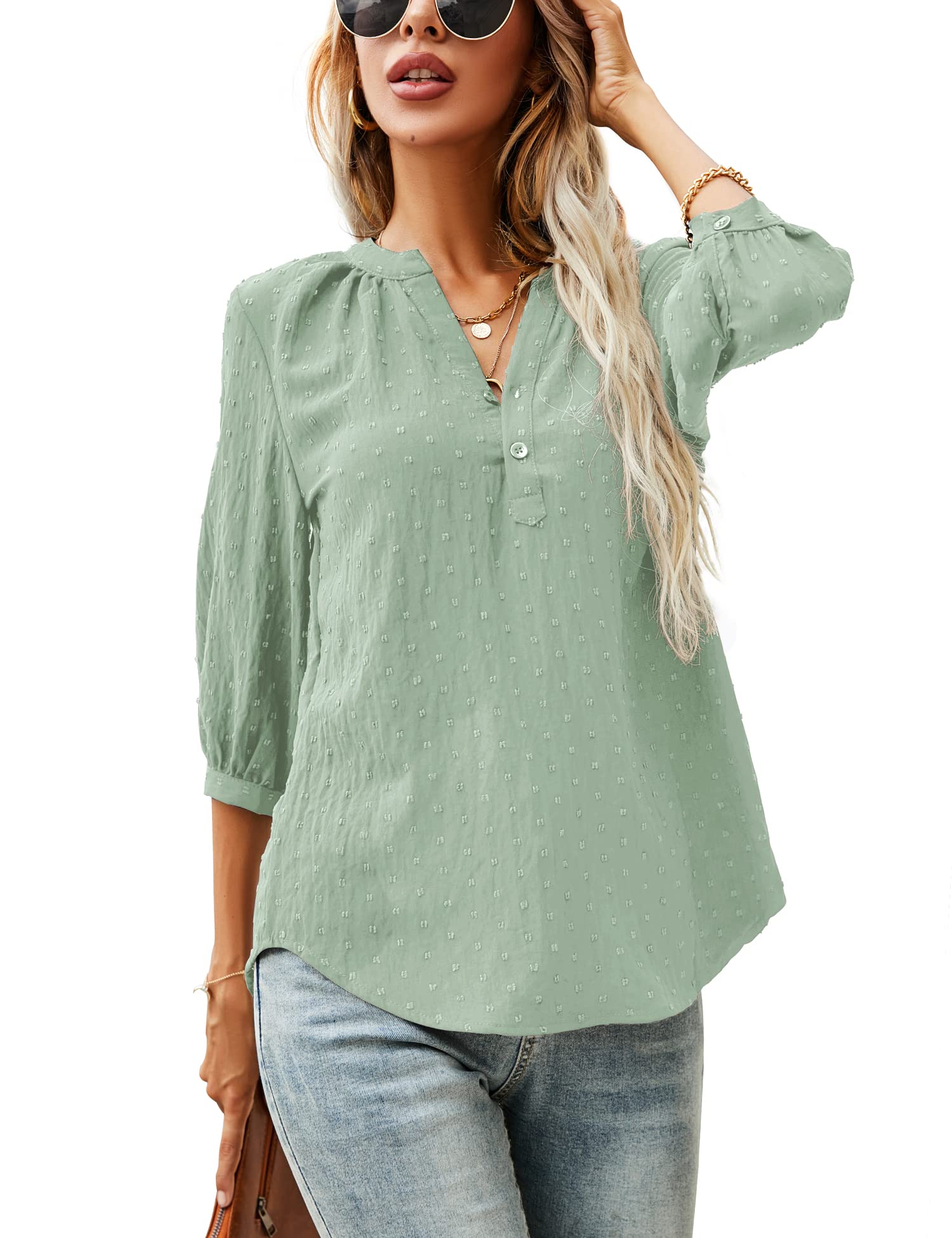 LOMON Women's Casual 3/4 Sleeve Henley V-Neck Button Up Pleated Back Blouses Swiss Dot Blouse Tops T-Shirts S-XXL