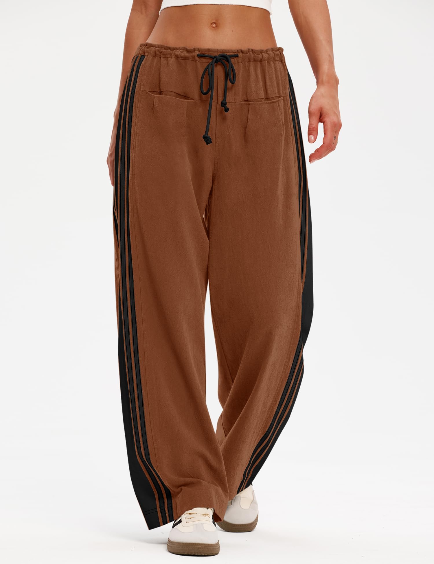 LOMON Pants for Women Wide Leg Side Striped Pants Drawstring Baggy Palazzo Work Trousers with Pockets