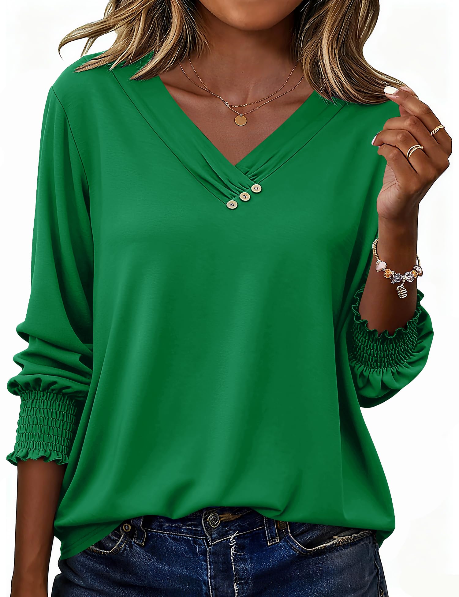LOMON Blouses for Women Dressy Casual 3/4 Length Sleeve Womens Tops with Buttons Decor