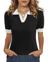 LOMON Womens Puff Short Sleeve Polo Sweater V Neck Knitted Tops Casual Ribbed Shirt Pullover Blouse