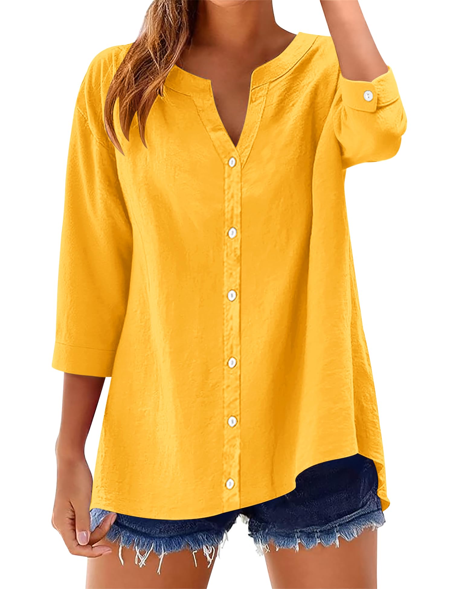 LOMON Womens 3/4 Sleeve Button Down Shirts Cotton Linen Roll Up Short Sleeve Tops V Neck Casual Loose Fit Blouses