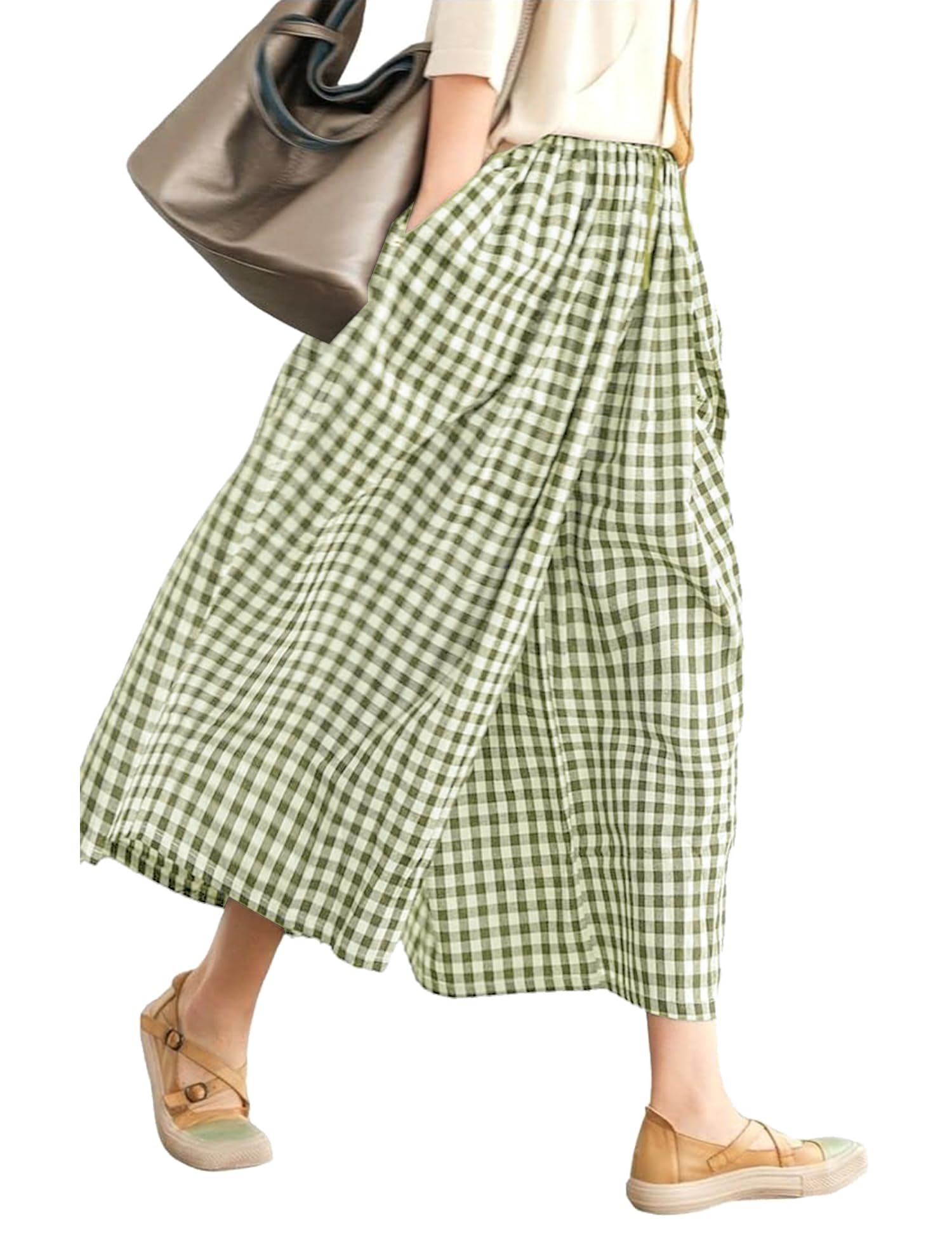 LOMON Womens Wide Leg Capri Pants Gingham Plaid Culottes Summer Elastic Waist Palazzo Trousers Bottoms with Pockets