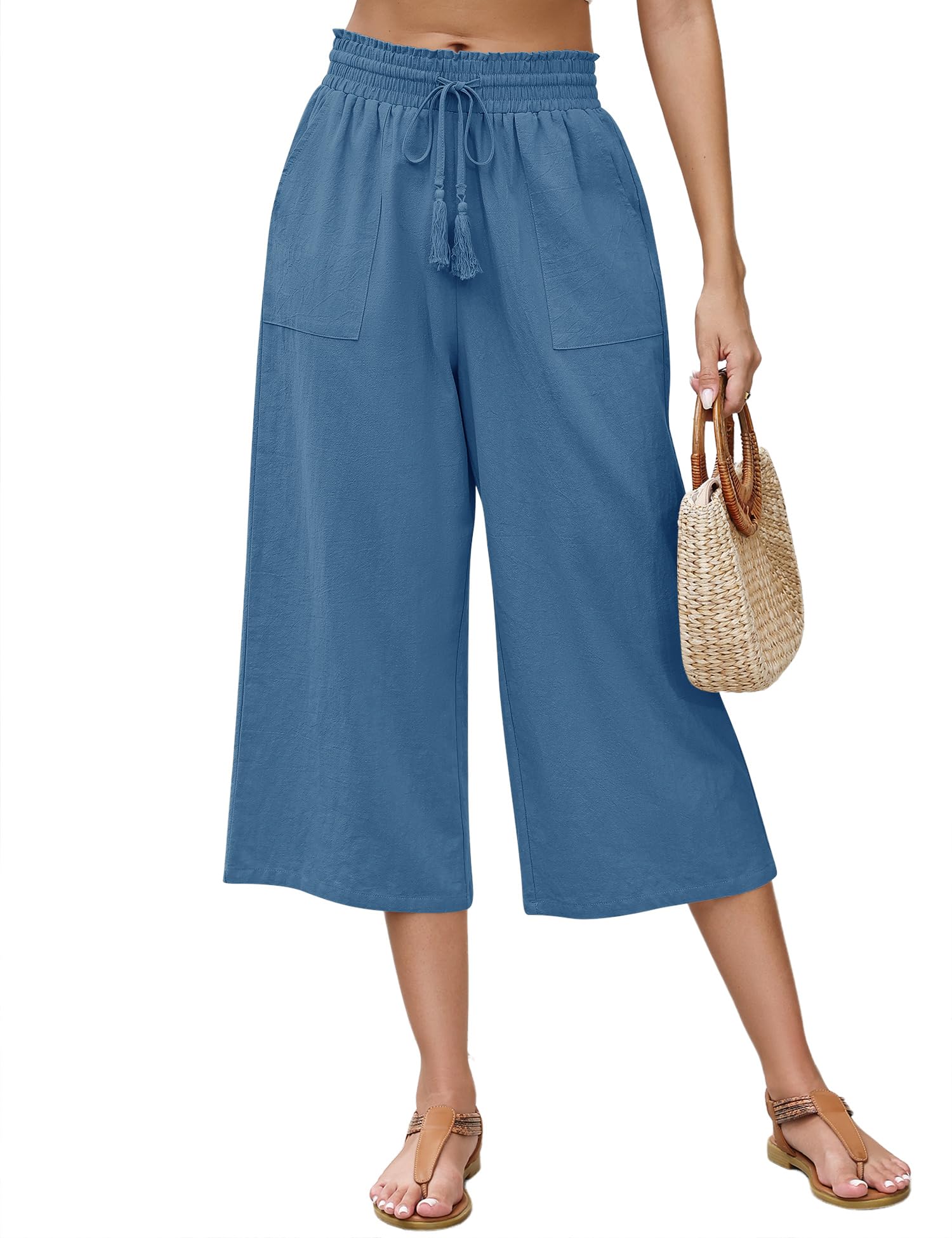 LOMON Women's Linen Capri Pants Wide Leg with Drawstring Elastic Waist Casual Cropped Pant