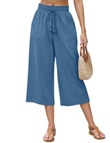 LOMON Women's Linen Capri Pants Wide Leg with Drawstring Elastic Waist Casual Cropped Pant