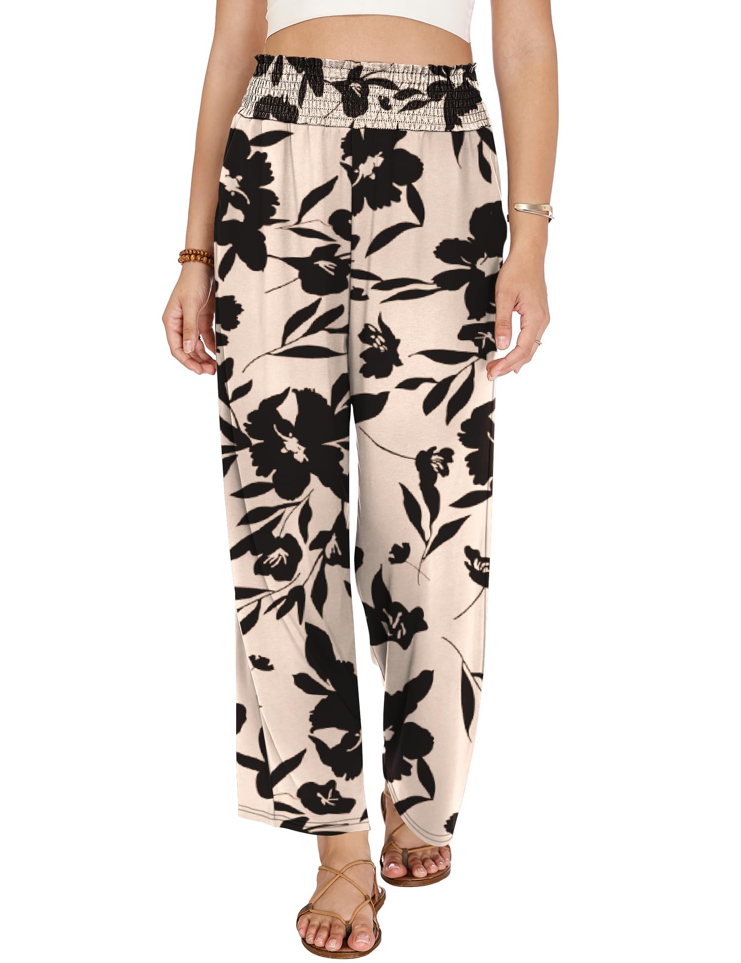 LOMON Womens Elastic High Waisted Palazzo Pants Casual Wide Leg Long Beach Vacation Trousers with Pockets