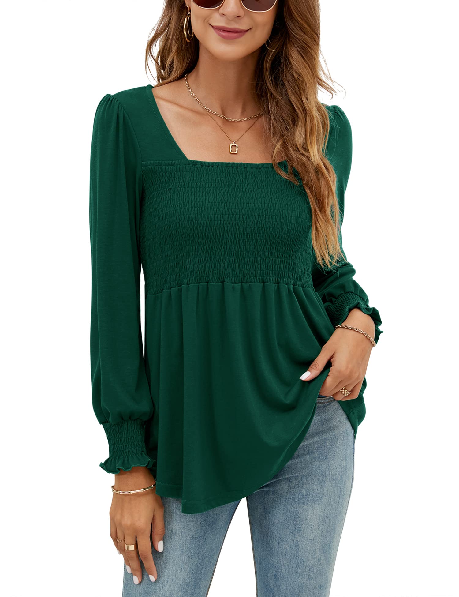 LOMON Blouses for Women Puff Long Sleeve Shirts Square Neck Casual Smocked Tunic Tops 2024 Spring Fall Winter Clothes S-XL