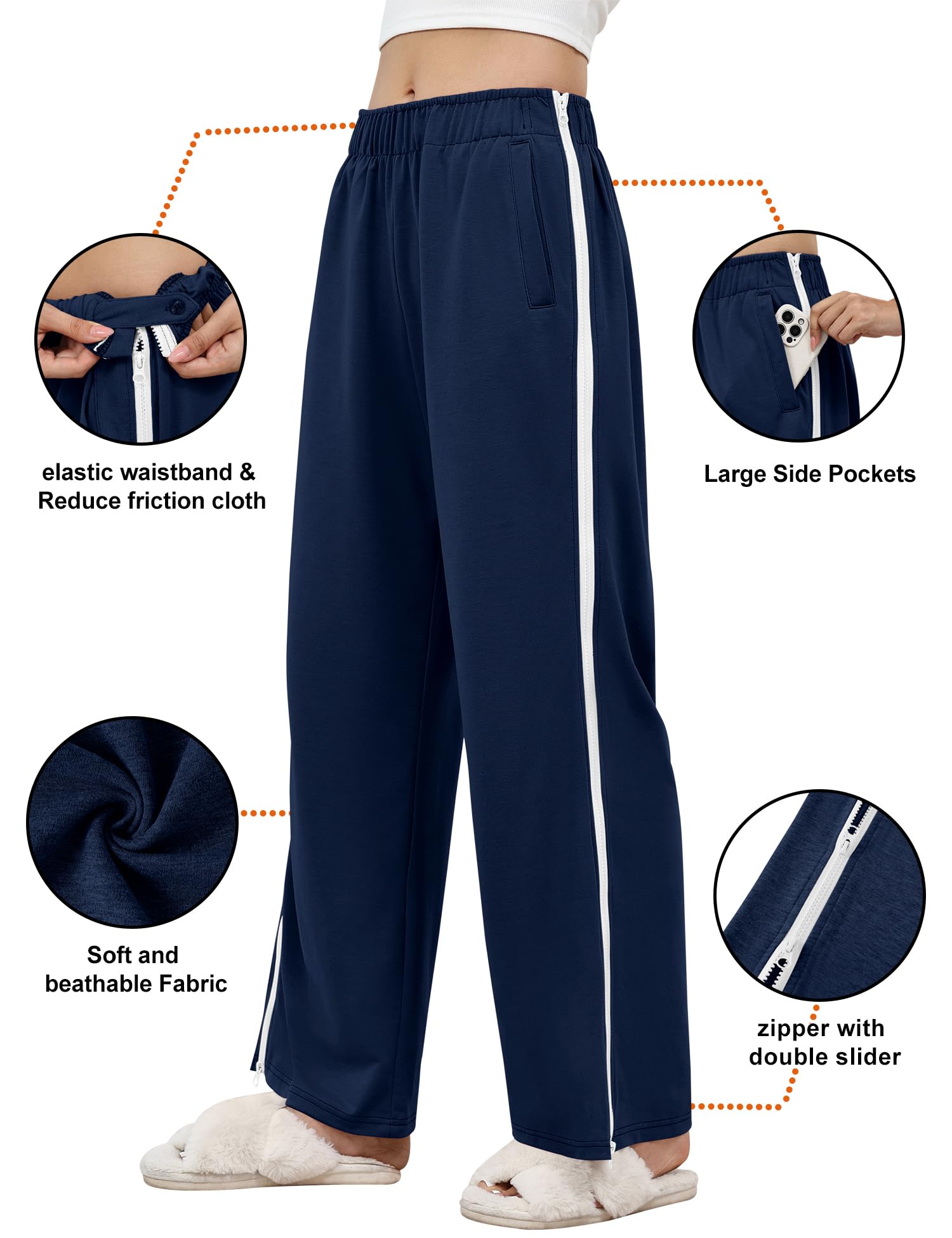 LOMON Womens Tear Away Pants Sides Full Open Sweatpants Double Slider Zip Off Post Surgery Pant with Pockets