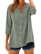 LOMON Cotton 3/4 Sleeve Button Down Shirts for Women Gingham Plaid Striped Tops V Neck Casual Loose Blouse