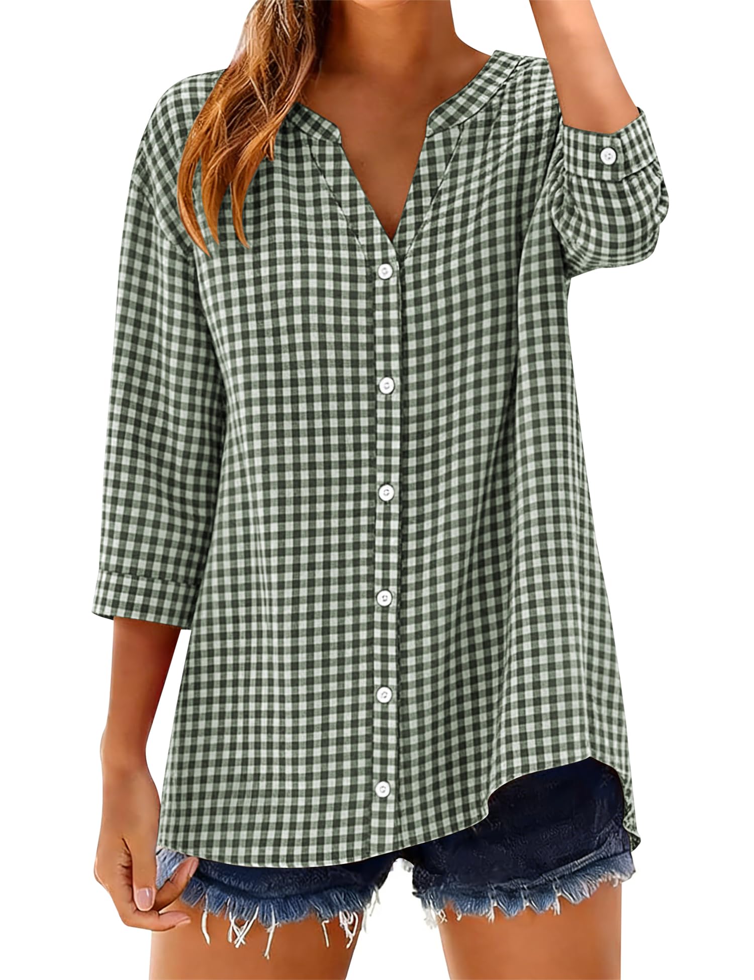 LOMON Cotton 3/4 Sleeve Button Down Shirts for Women Gingham Plaid Striped Tops V Neck Casual Loose Blouse