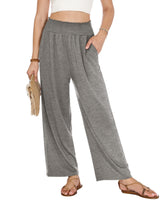 LOMON Womens Elastic High Waisted Palazzo Pants Casual Wide Leg Long Beach Vacation Trousers with Pockets