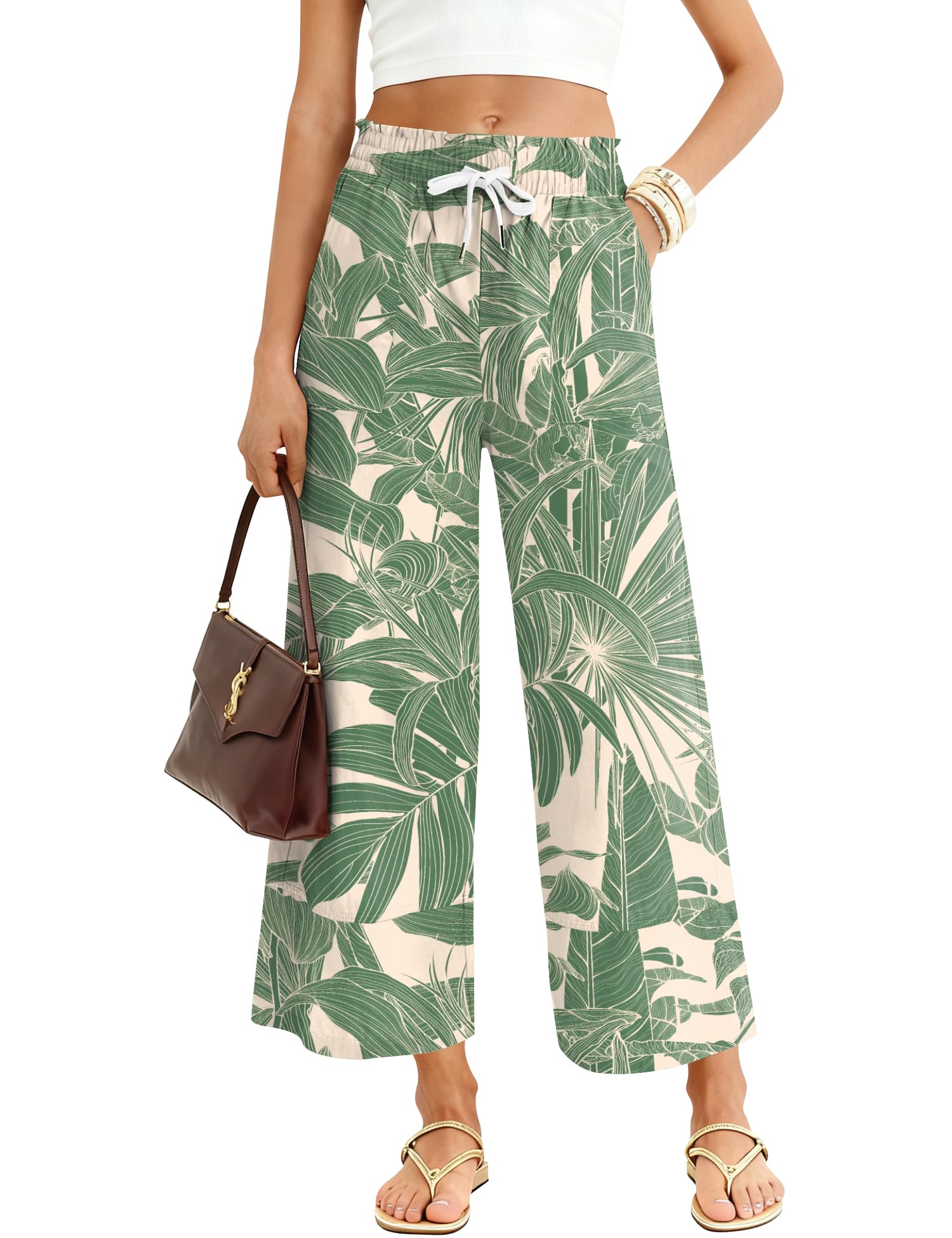 LOMON Women's Casual Wide Leg Pants Drawstring Elastic Waist Flowy Palazzo Pants with Pockets