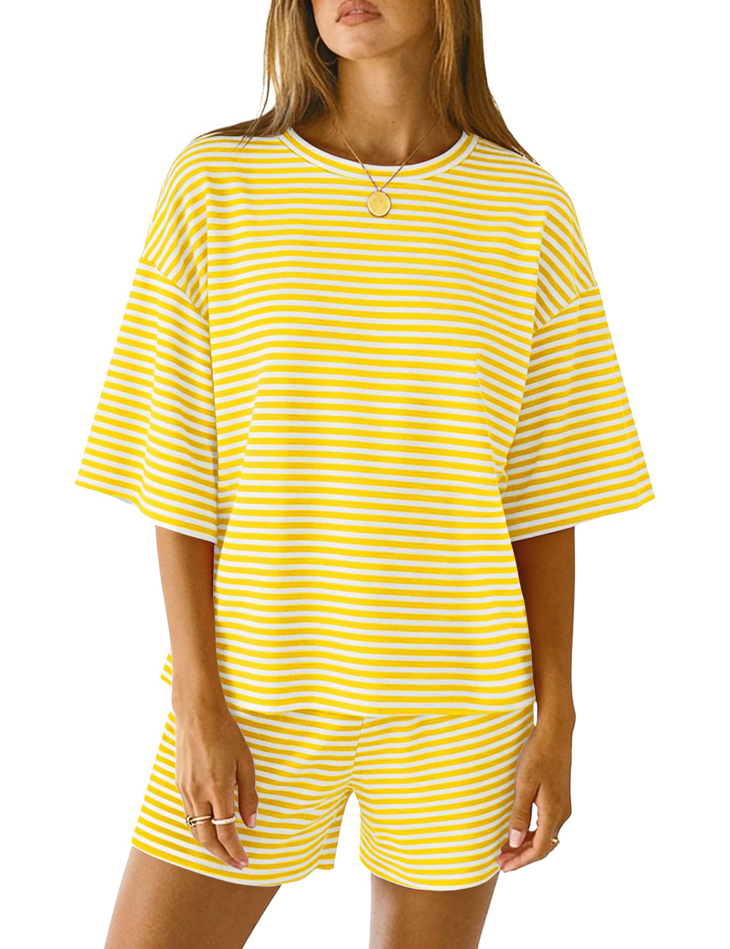 LOMON Two Piece Sets for Women Summer 3/4 Sleeve Tops and Elastic Waist Shorts Pajamas Cute Comfy Soft Lounge Striped Pjs