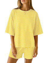 LOMON Two Piece Sets for Women Summer 3/4 Sleeve Tops and Elastic Waist Shorts Pajamas Cute Comfy Soft Lounge Striped Pjs