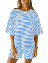 LOMON Two Piece Sets for Women Summer 3/4 Sleeve Tops and Elastic Waist Shorts Pajamas Cute Comfy Soft Lounge Striped Pjs