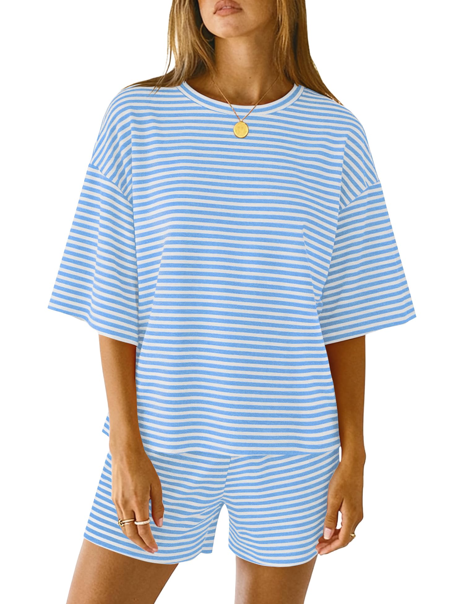 LOMON Two Piece Sets for Women Summer 3/4 Sleeve Tops and Elastic Waist Shorts Pajamas Cute Comfy Soft Lounge Striped Pjs