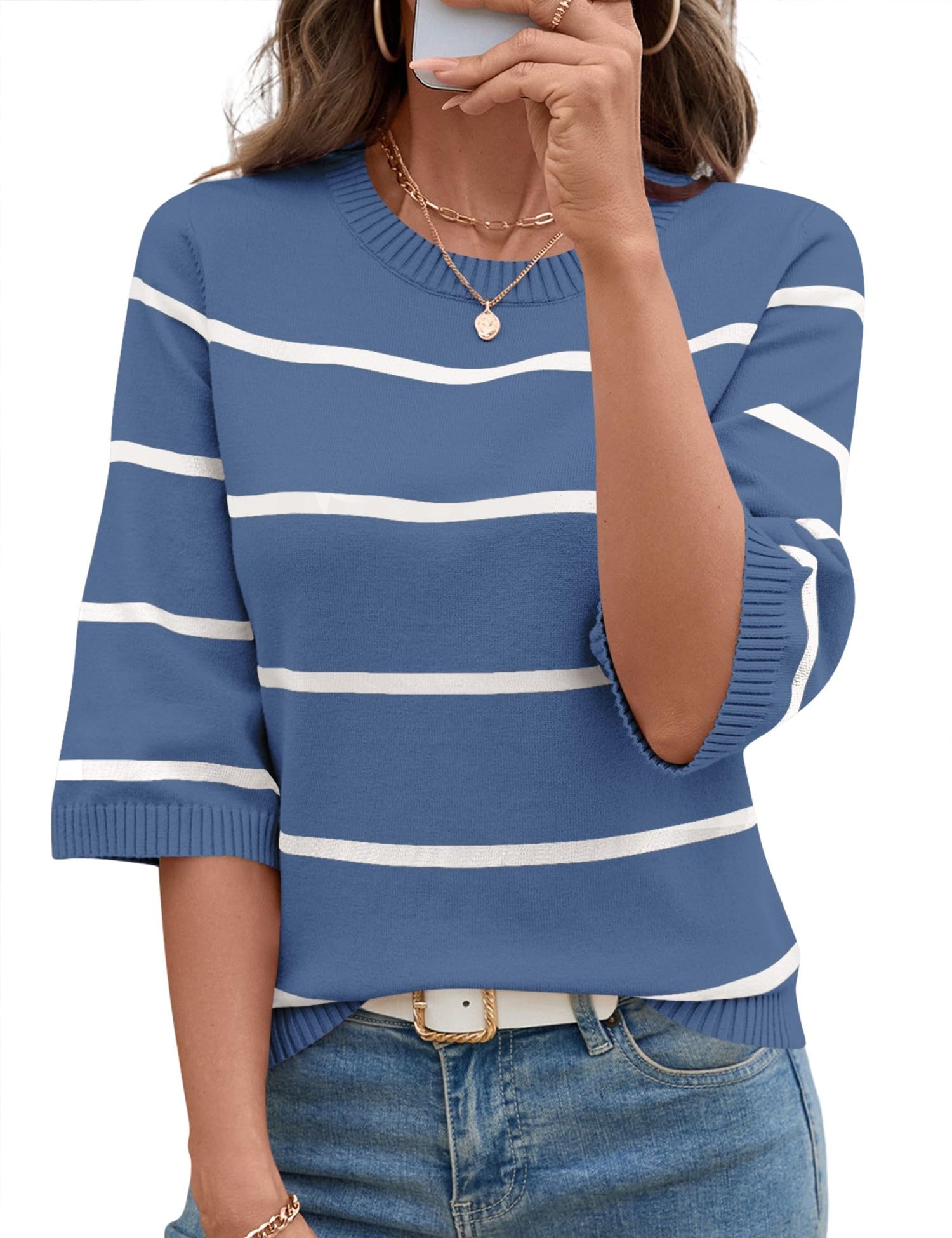 LOMON Womens Sweaters Casual Fall 2025 Crew Neck Striped 3/4 Sleeve Lightweight Knit Trendy Pullover Sweater Tops S-XL