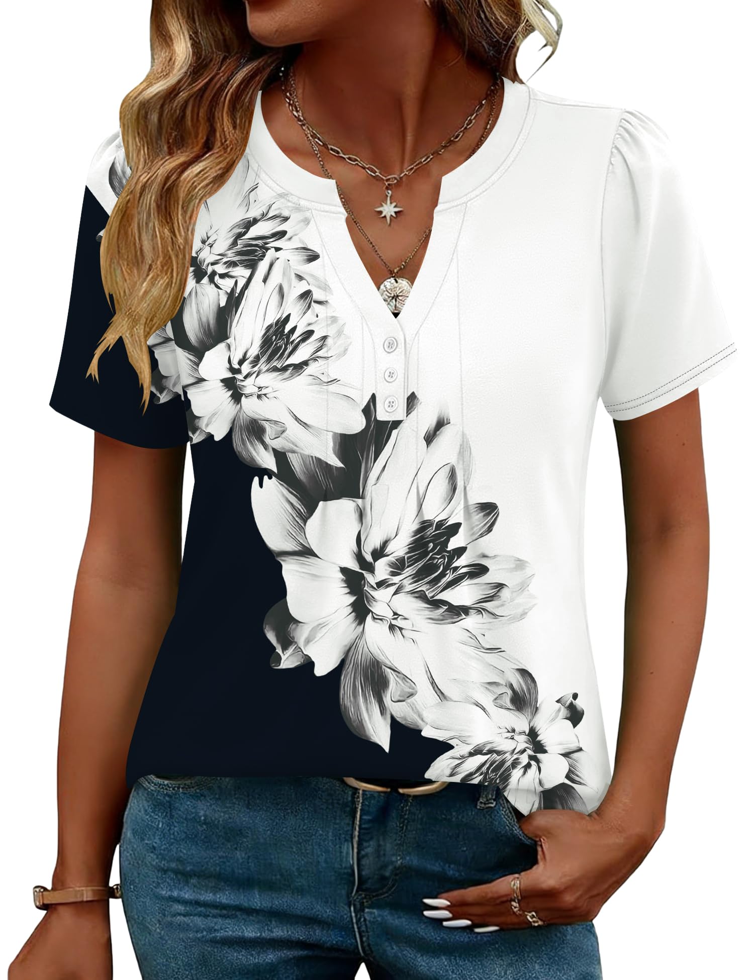LOMON Womens Tops Dressy Casual V Neck Short Sleeve Shirts Summer Pleated Blouses Button Down Tunic Loose Fit