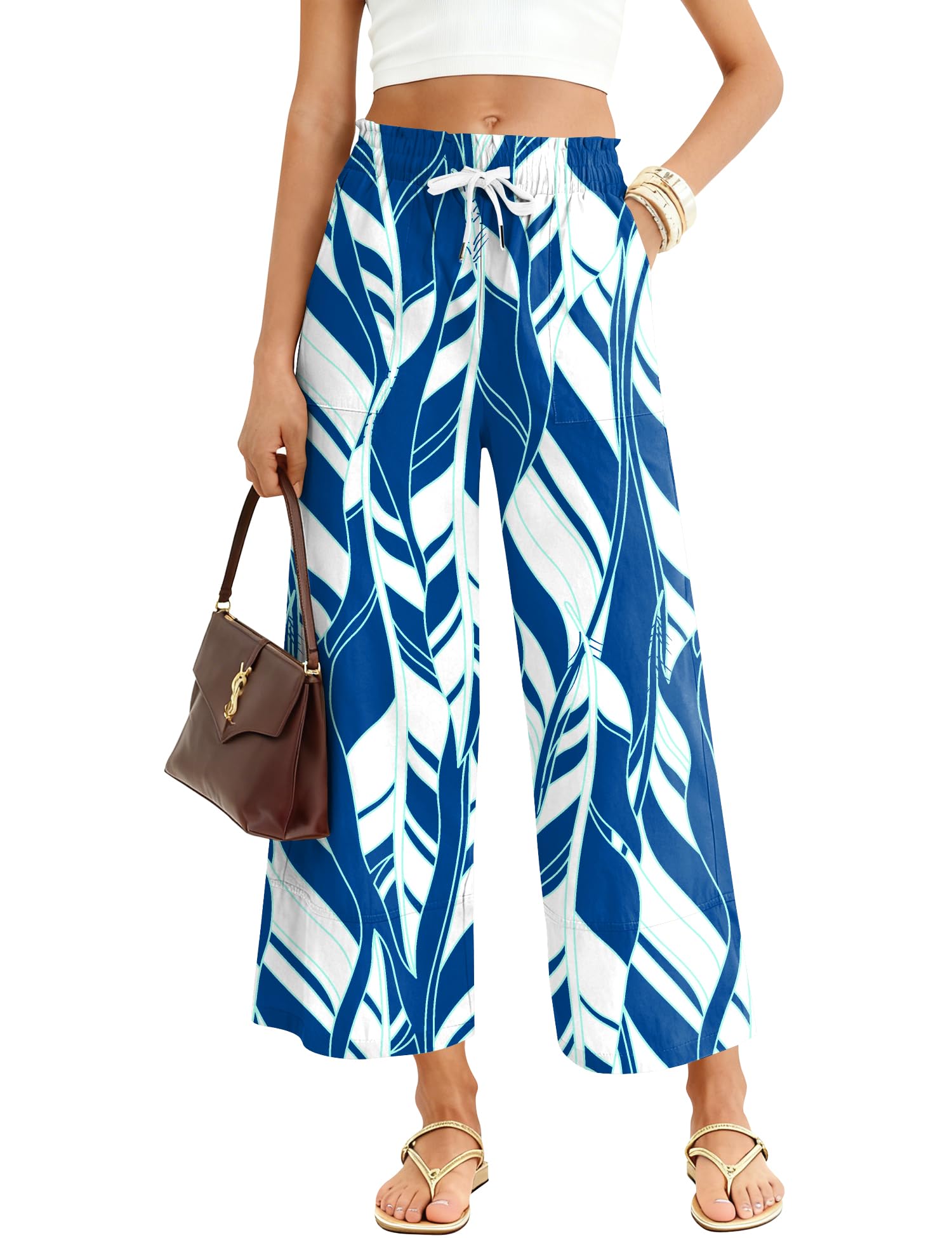 LOMON Women's Casual Wide Leg Pants Drawstring Elastic Waist Flowy Palazzo Pants with Pockets