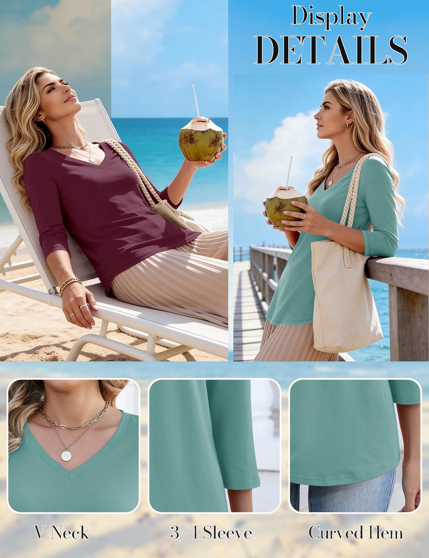 LOMON 3 Pack Tops for Women 3/4 Sleeve V Neck Basics Tees Business Casual Summer T Shirts