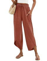 LOMON Women Linen Palazzo Pants Boho Wide Leg Elastic Waisted Casual Capri Pant Summer Harem Lounge with Pockets