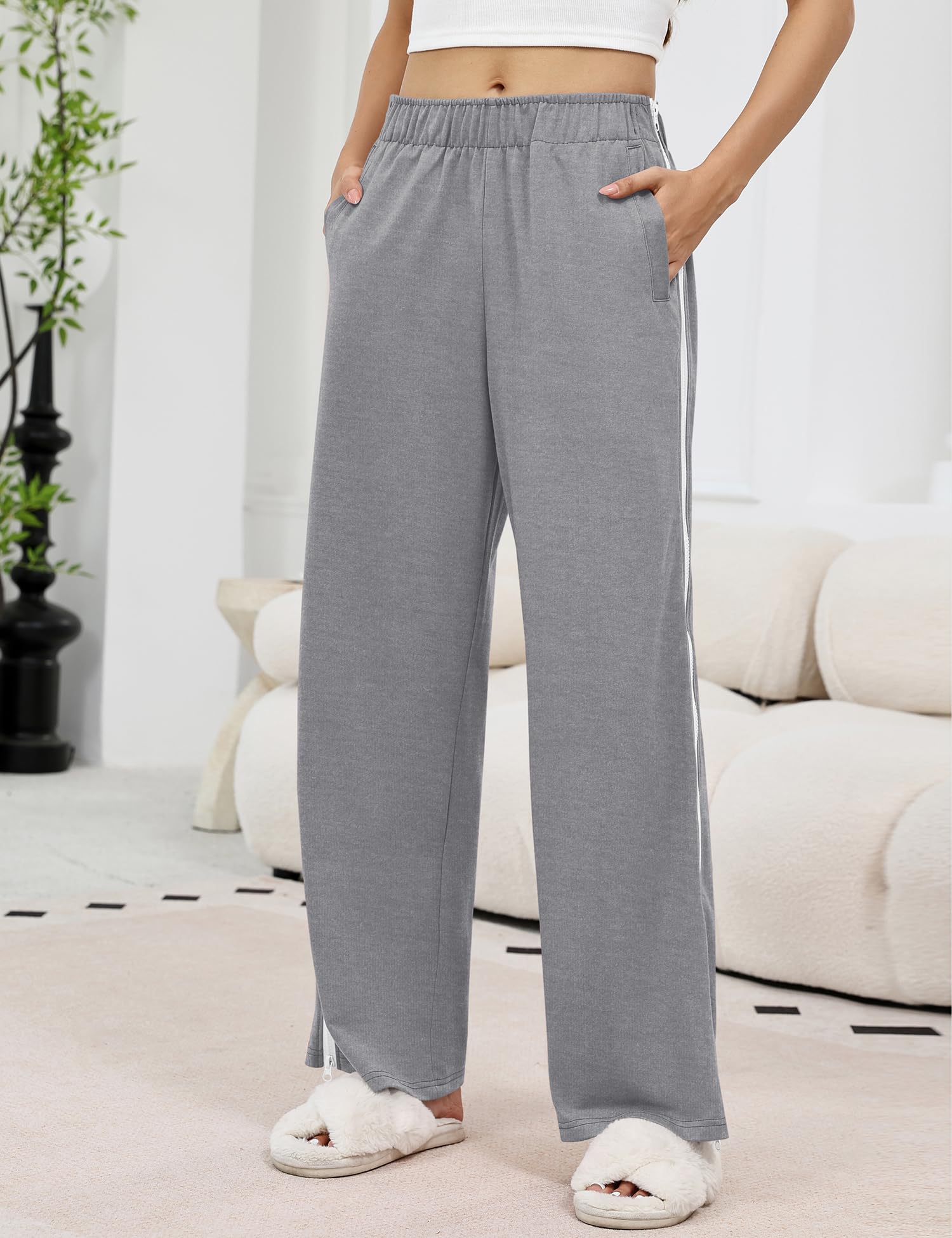 LOMON Womens Tear Away Pants Sides Full Open Sweatpants Double Slider Zip Off Post Surgery Pant with Pockets