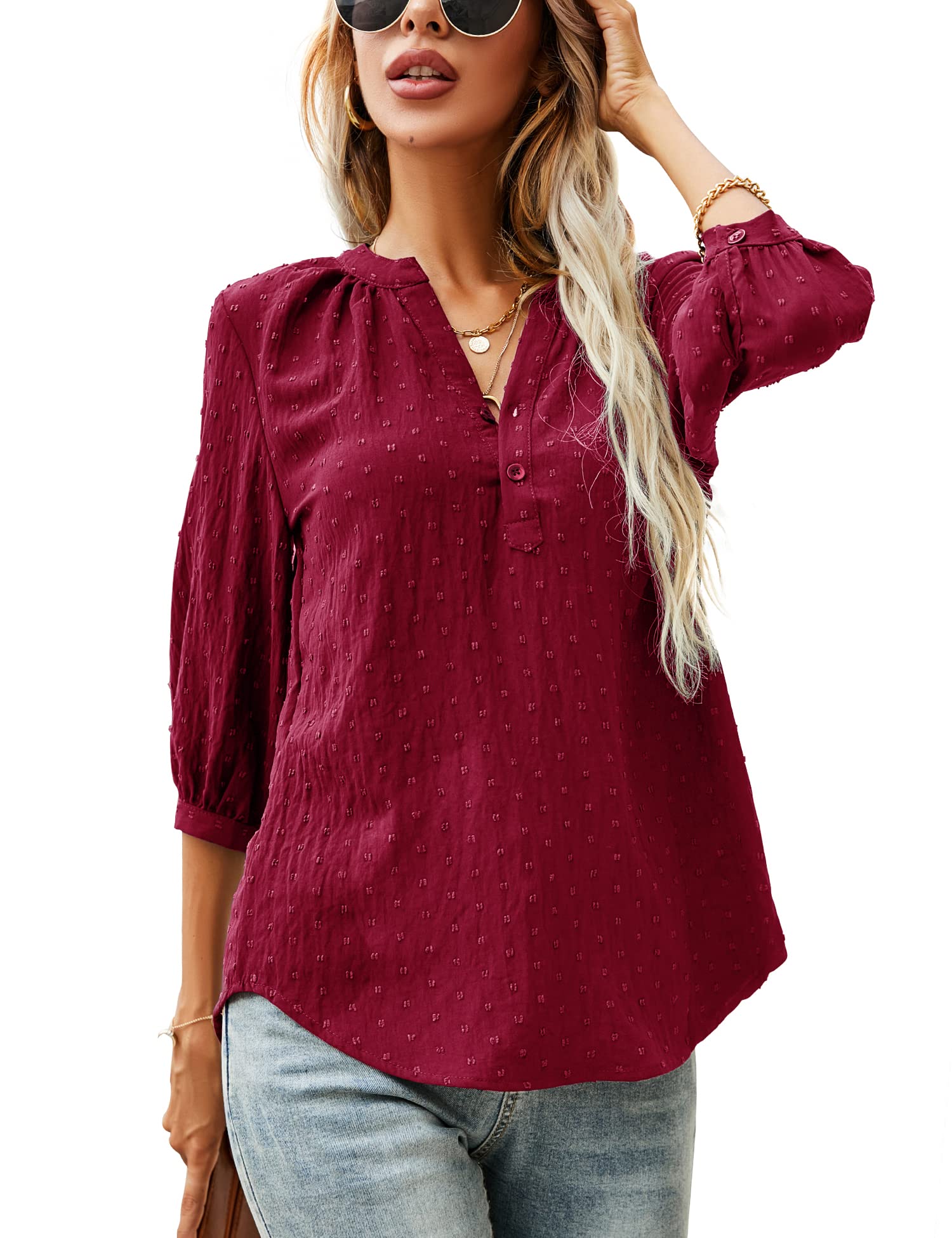 LOMON Women's Casual 3/4 Sleeve Henley V-Neck Button Up Pleated Back Blouses Swiss Dot Blouse Tops T-Shirts S-XXL