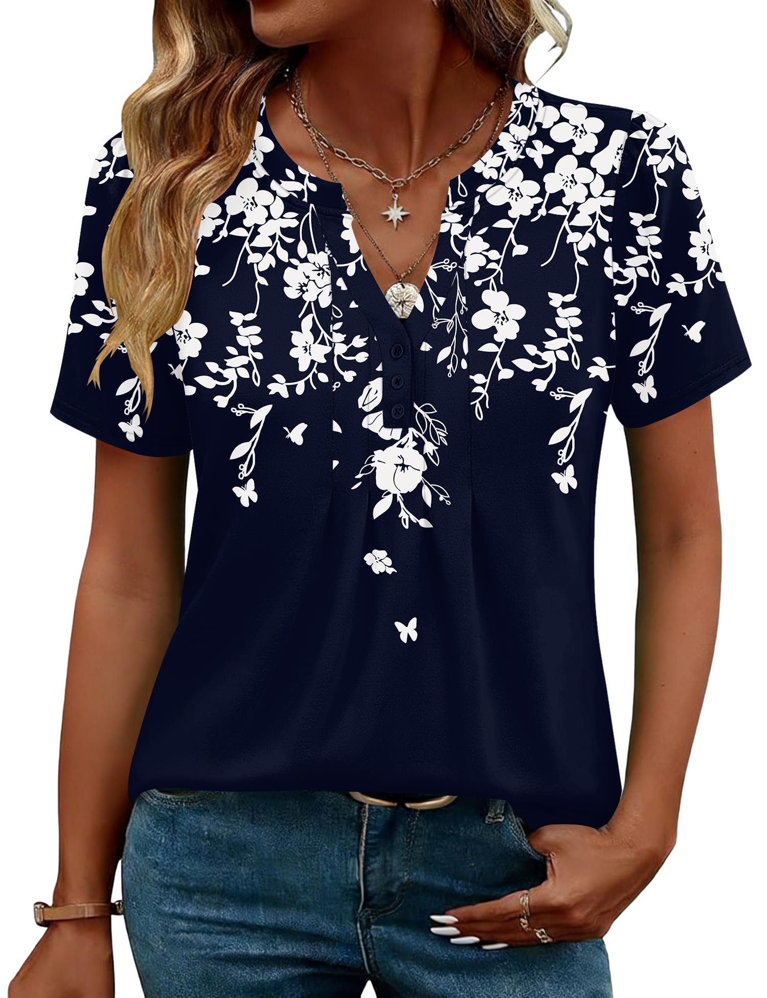 LOMON Womens Tops Dressy Casual V Neck Short Sleeve Shirts Summer Pleated Blouses Button Down Tunic Loose Fit