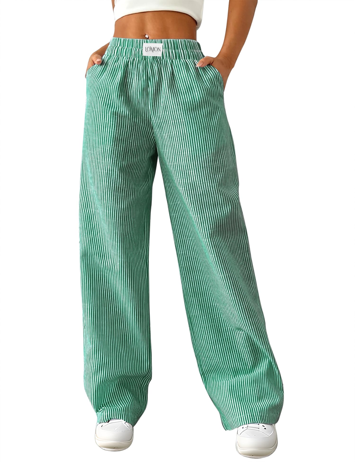 LOMON Womens Striped Gingham Boxer Pants Spring Summer Pajama Lounge Pj Casual Plaid Trousers Y2K Beach Bottoms with Pockets