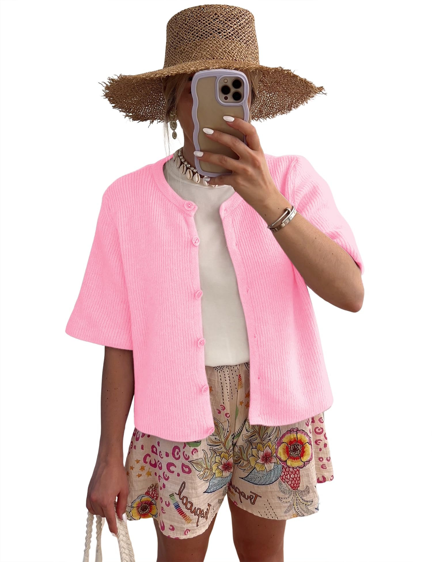 Lomon Womens Spring Summer Short Sleeve Cardigan Sweaters Trendy Crew Neck Button Down Lightweight Knit Outfit Y2k Clothes