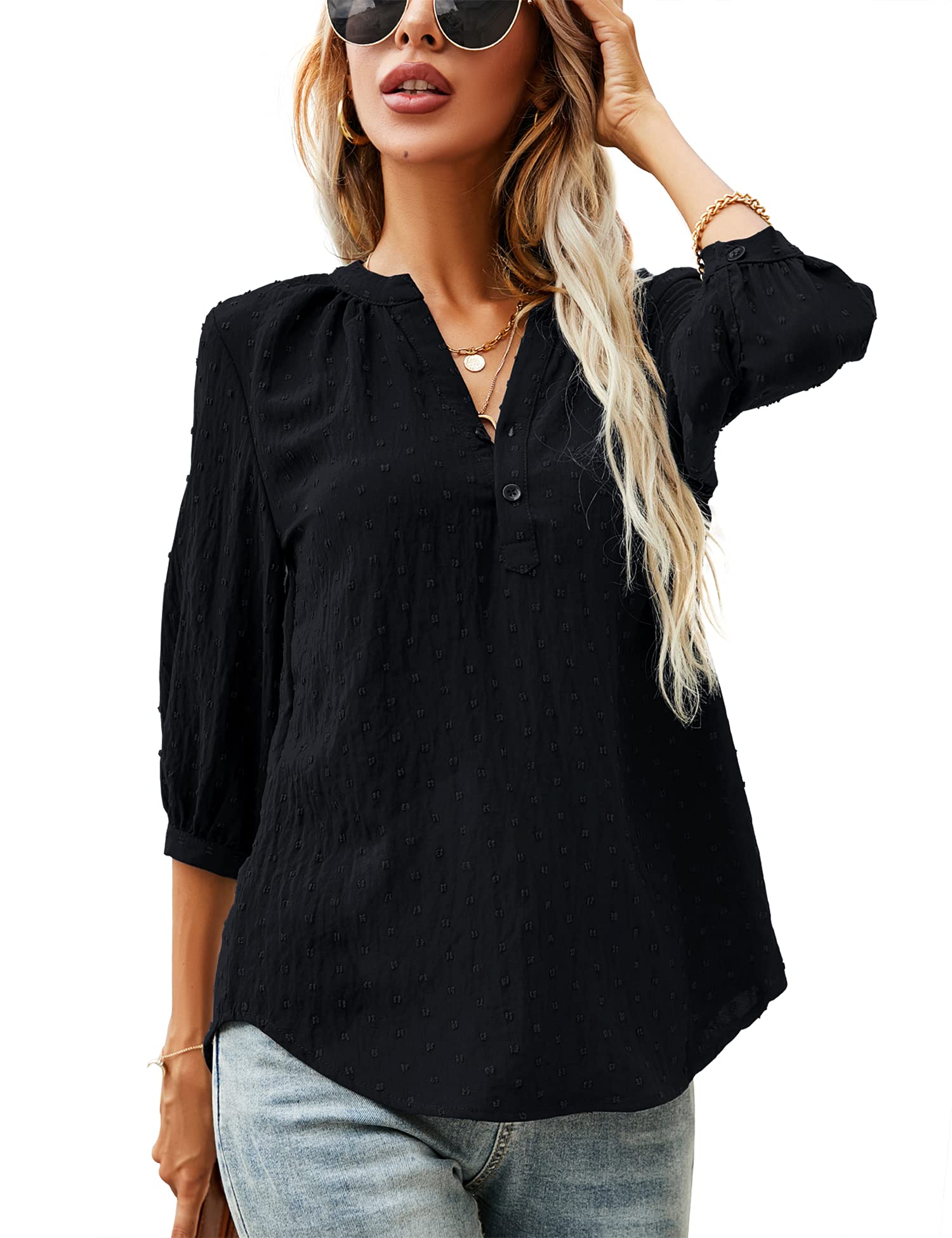 LOMON Women's Casual 3/4 Sleeve Henley V-Neck Button Up Pleated Back Blouses Swiss Dot Blouse Tops T-Shirts S-XXL