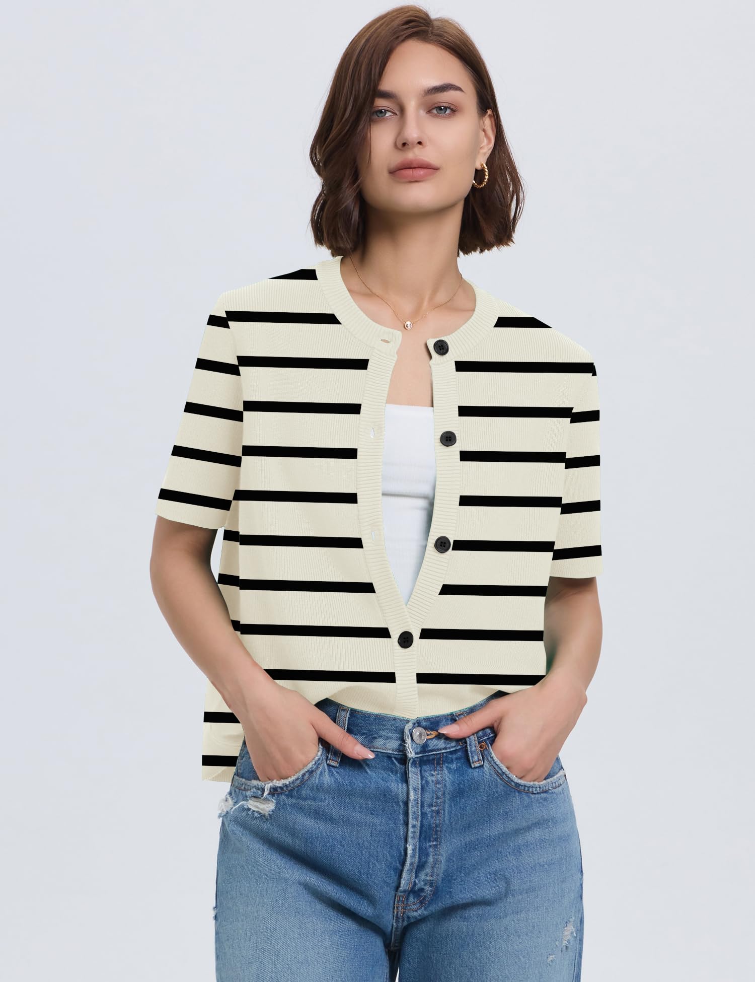 Lomon Womens Spring Summer Short Sleeve Cardigan Sweaters Trendy Crew Neck Button Down Lightweight Knit Outfit Y2k Clothes
