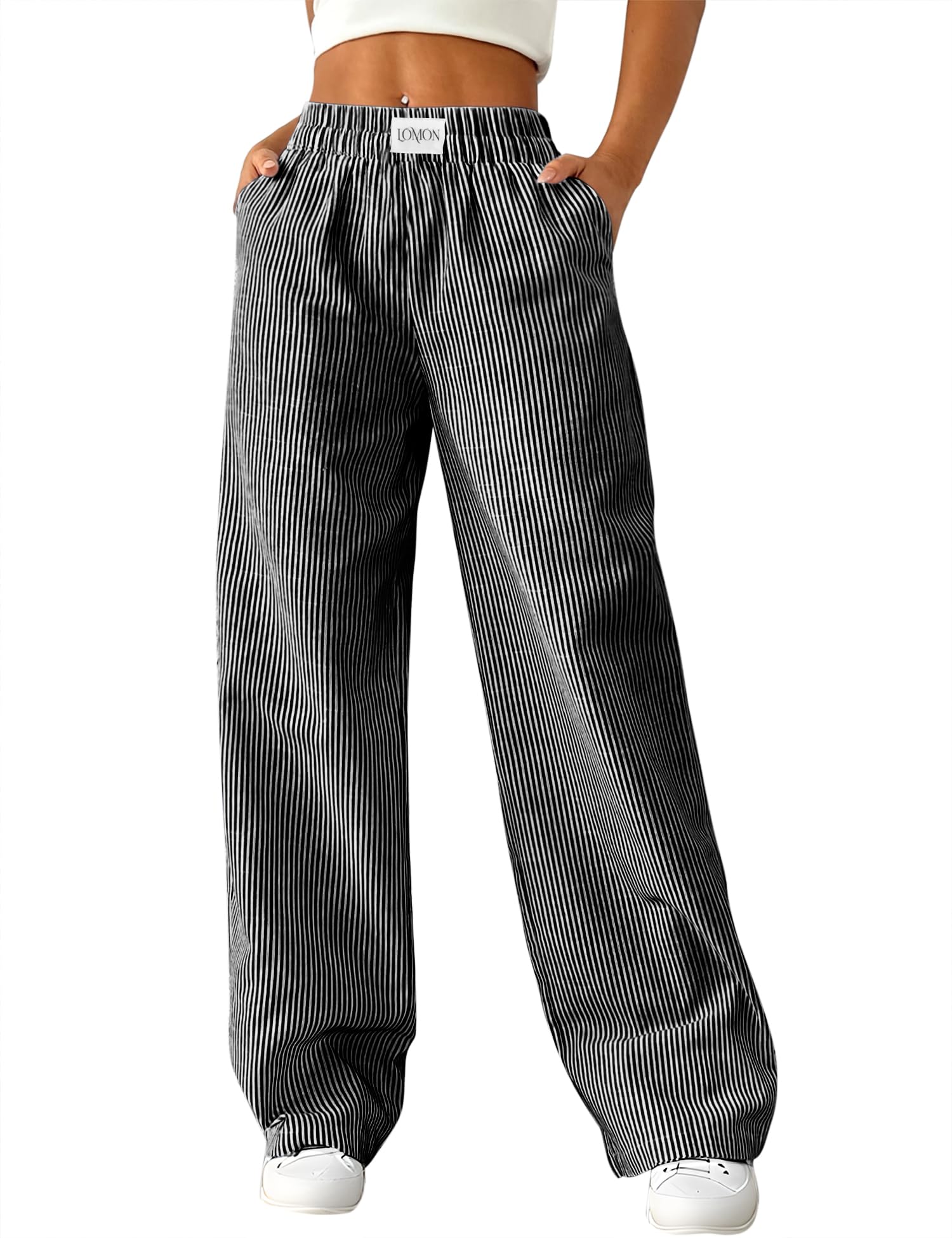 LOMON Womens Striped Gingham Boxer Pants Spring Summer Pajama Lounge Pj Casual Plaid Trousers Y2K Beach Bottoms with Pockets