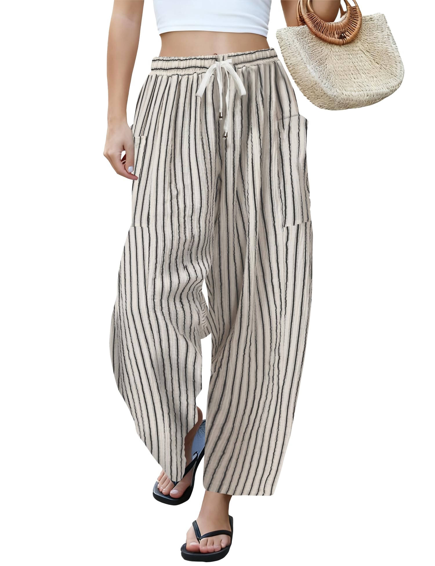 LOMON Womens Wide Leg Linen Pants Casual Drawstring Palazzo Harem Pants Summer Loose Beach Travel Vacation Pants with Pockets