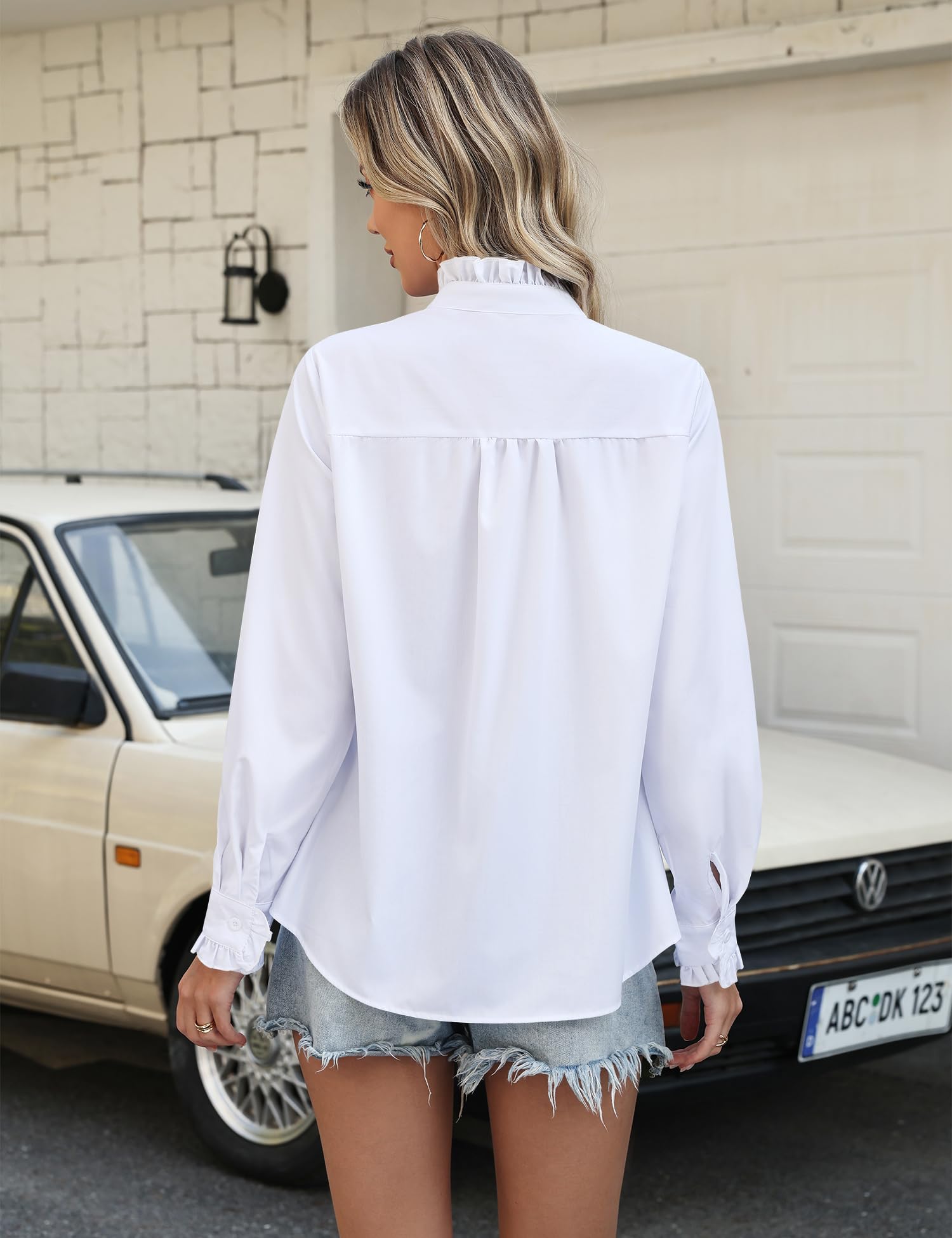 LOMON Button Down Shirts for Women Dressy Casual Long Sleeve Ruffle Blouses Office Tops Work Shirt