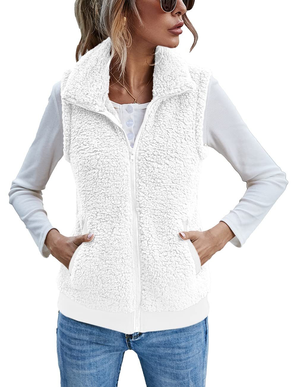 LOMON Womens Fuzzy Fleece Vest, Casual Warm Sleeveless Zip Up Sherpa Vest Jacket with Pockets for Fall/Winter