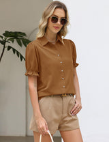 LOMON Linen Shirts for Women Puff Sleeve Button Down Summer Casual Cotton Linen Blouses Collared Work Tops Dressy