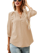 LOMON Women's Casual 3/4 Sleeve Henley V-Neck Button Up Pleated Back Blouses Swiss Dot Blouse Tops T-Shirts S-XXL