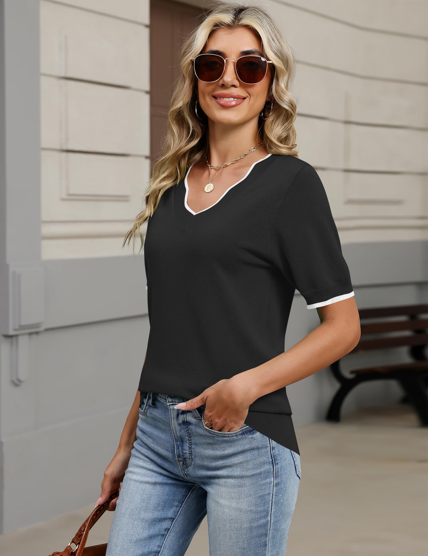 LOMON Womens 2026 Spring V Neck Sweater Casual Tops Short Sleeve Lightweight Ribbed Knit Pullover Sweaters