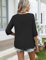 LOMON Women's 3/4 Length Sleeve Boho Tops V Neck Lace Summer Outfits Dressy Casual Flowy Shirts Vacation Clothes Blouses