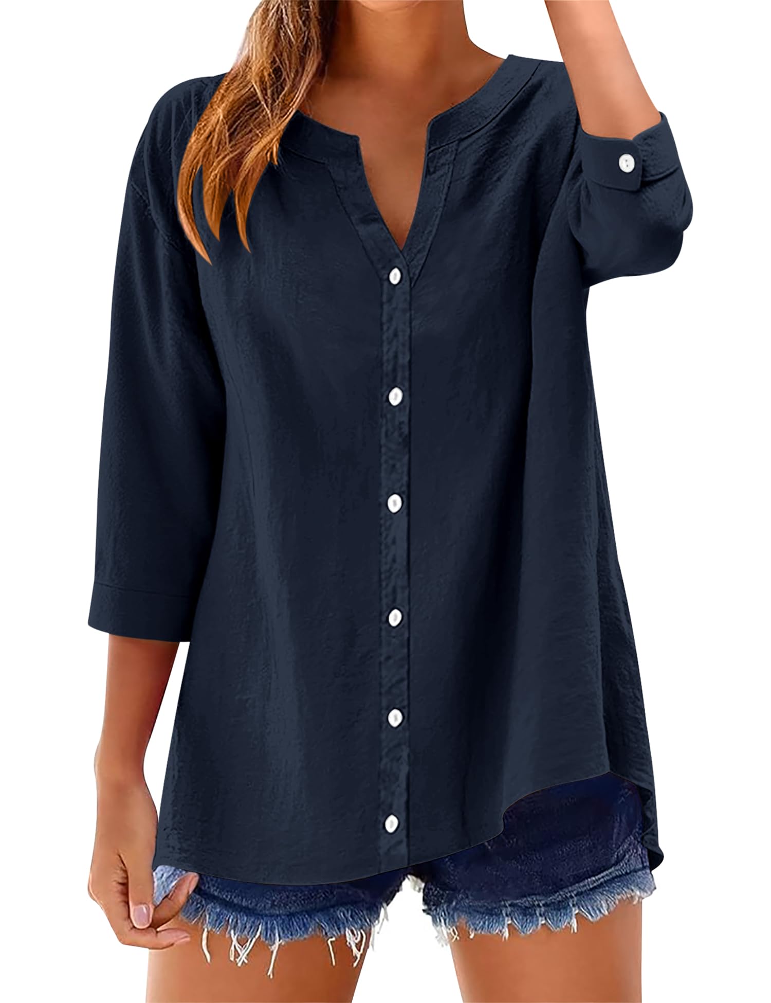 LOMON Womens 3/4 Sleeve Button Down Shirts Cotton Linen Roll Up Short Sleeve Tops V Neck Casual Loose Fit Blouses