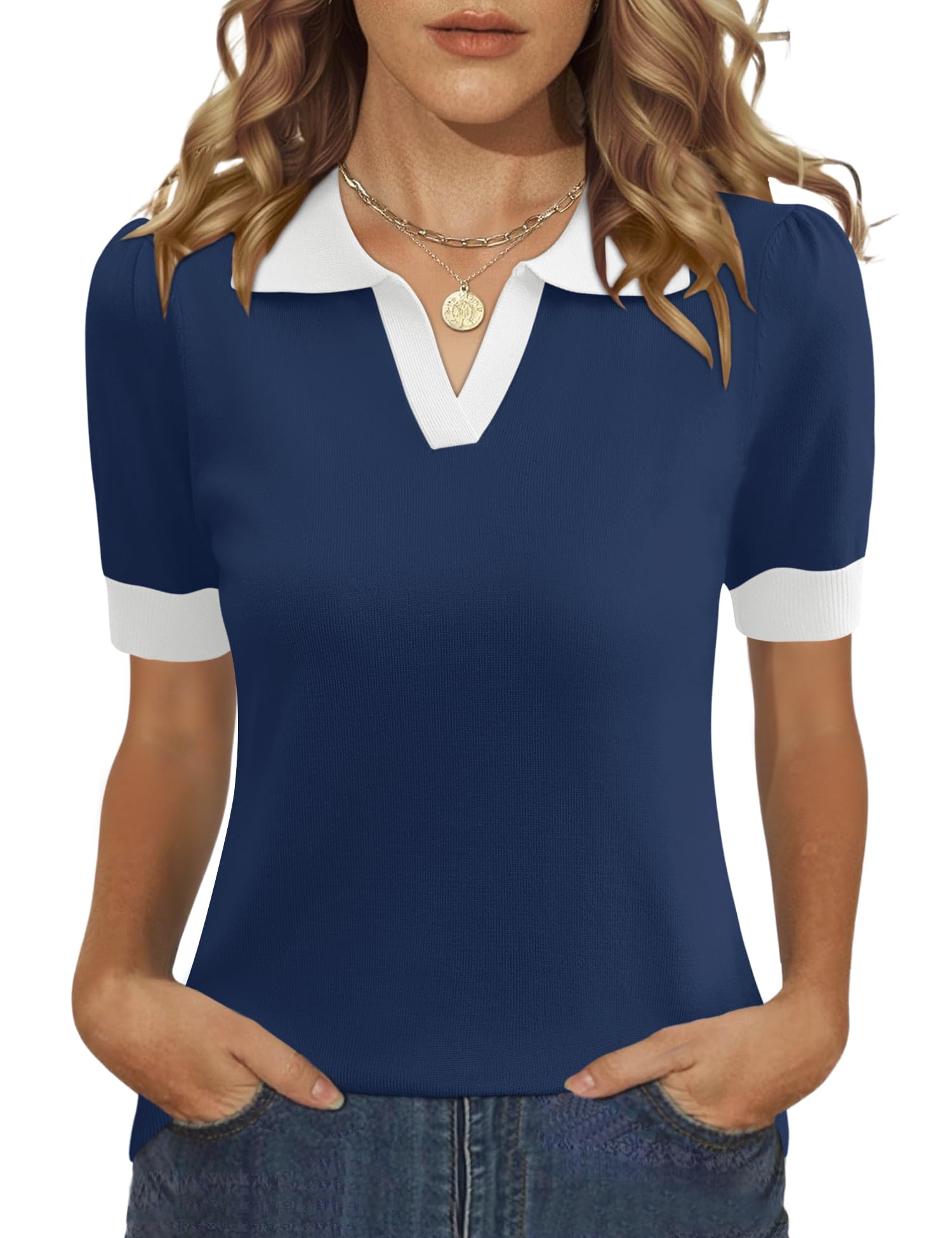 LOMON Womens Puff Short Sleeve Polo Sweater V Neck Knitted Tops Casual Ribbed Shirt Pullover Blouse