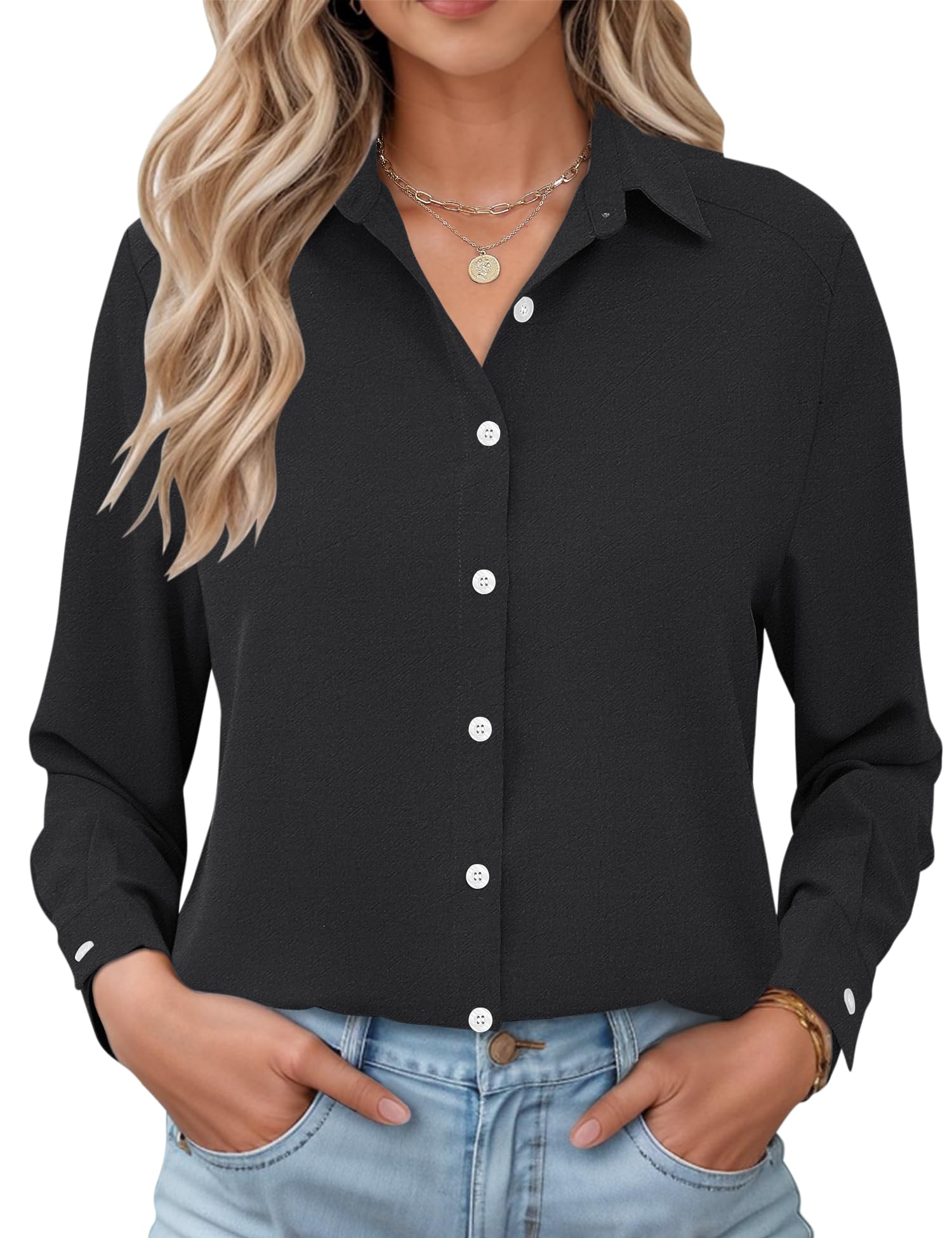 LOMON Womens Long Sleeve Button Down Shirts Casual Loose Fit Cotton Collared Blouses