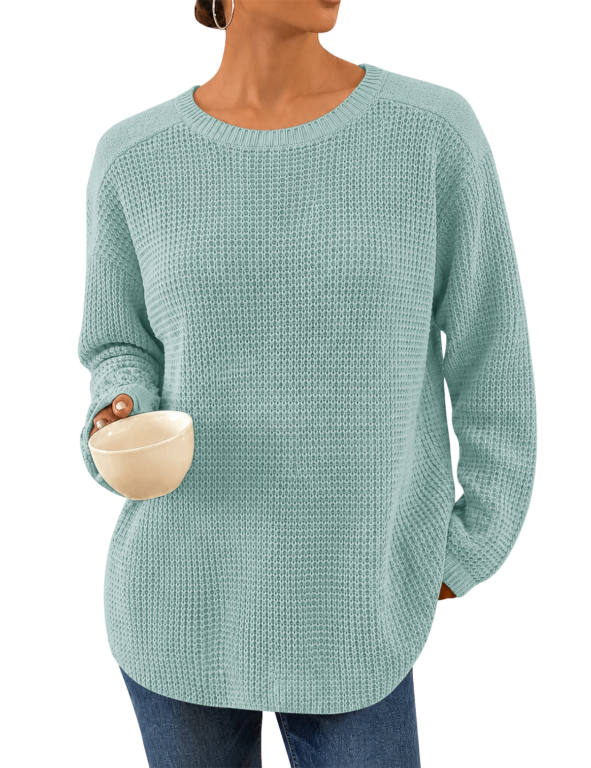 LOMON Womens Sweaters Crewneck Waffle Knit Top Winter Fall Fashion Clothing