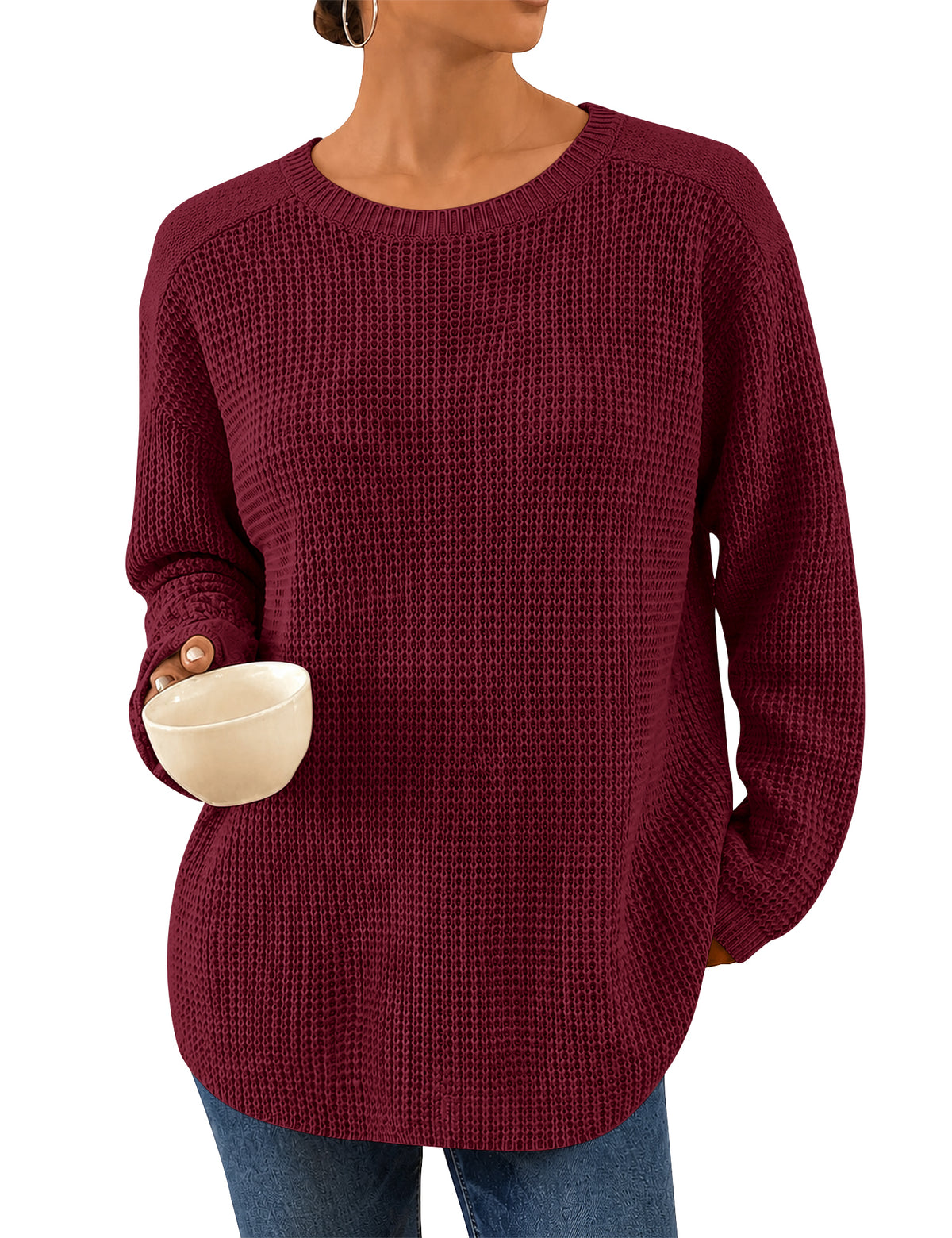 LOMON Womens Sweaters Crewneck Waffle Knit Top Winter Fall Fashion Clothing