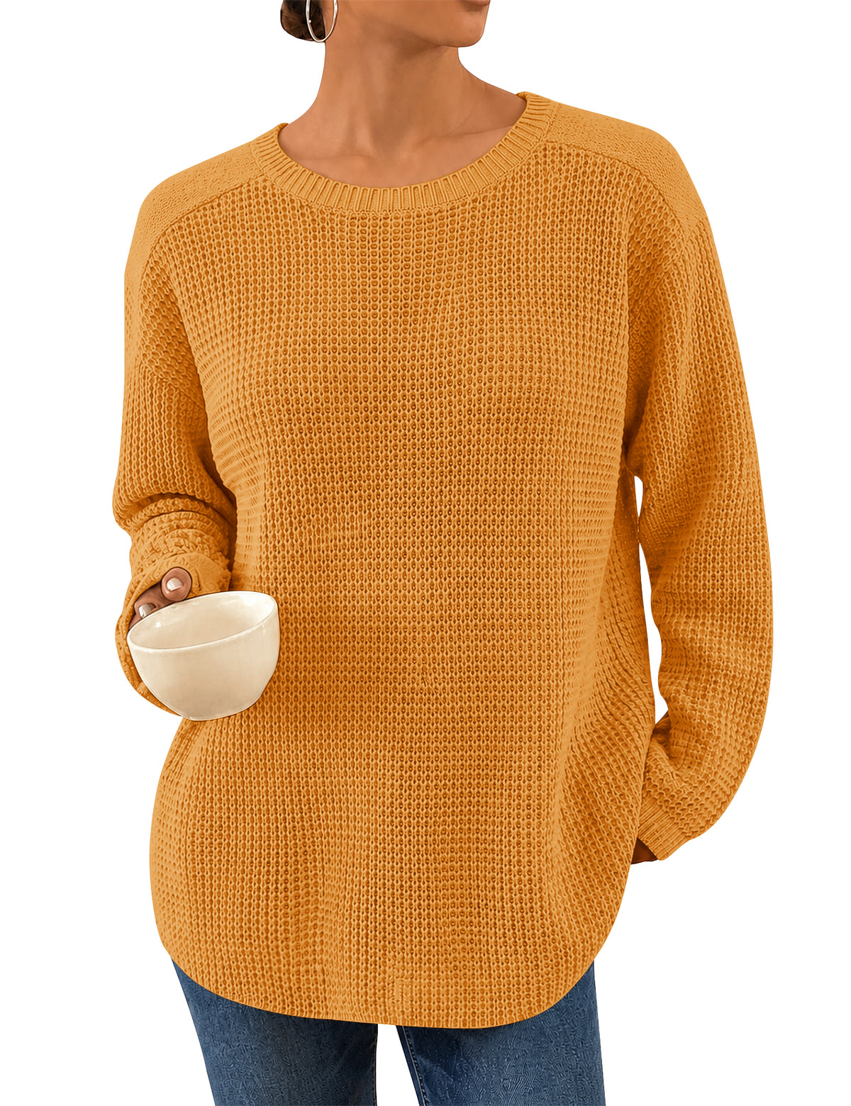 LOMON Womens Sweaters Crewneck Waffle Knit Top Winter Fall Fashion Clothing