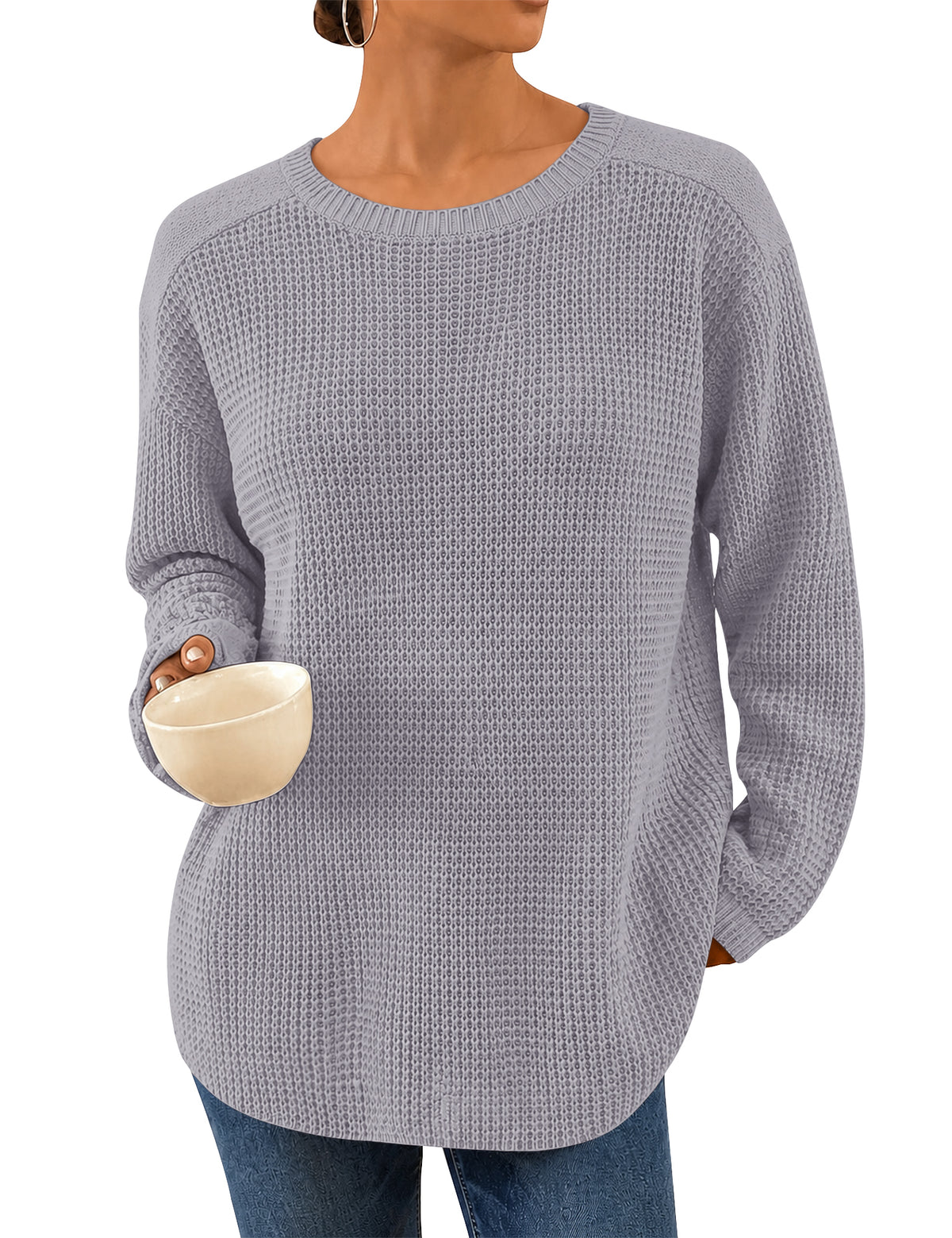 LOMON Womens Sweaters Crewneck Waffle Knit Top Winter Fall Fashion Clothing