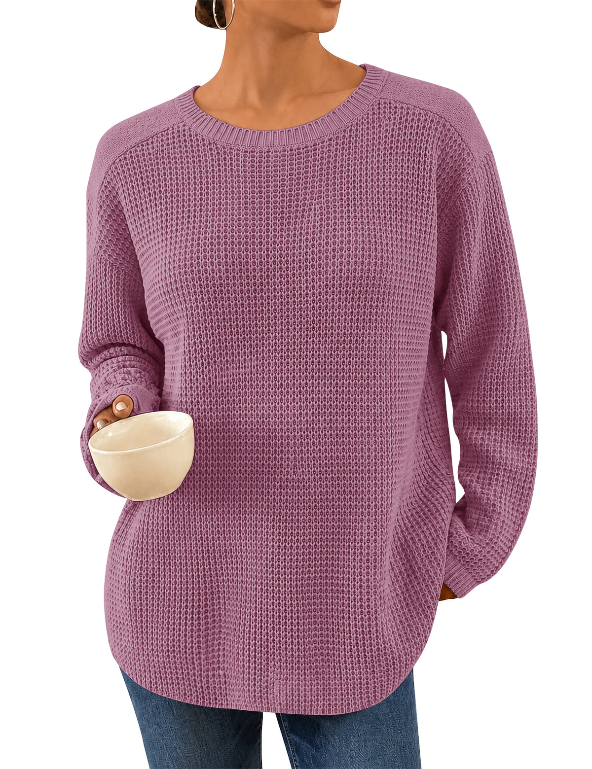 LOMON Womens Sweaters Crewneck Waffle Knit Top Winter Fall Fashion Clothing