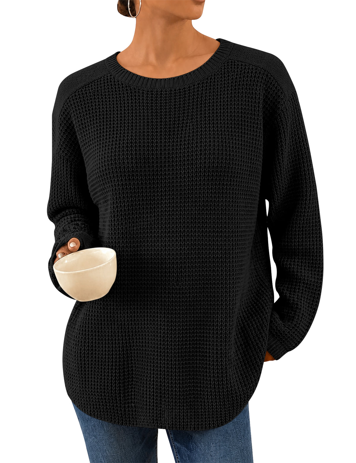 LOMON Womens Sweaters Crewneck Waffle Knit Top Winter Fall Fashion Clothing