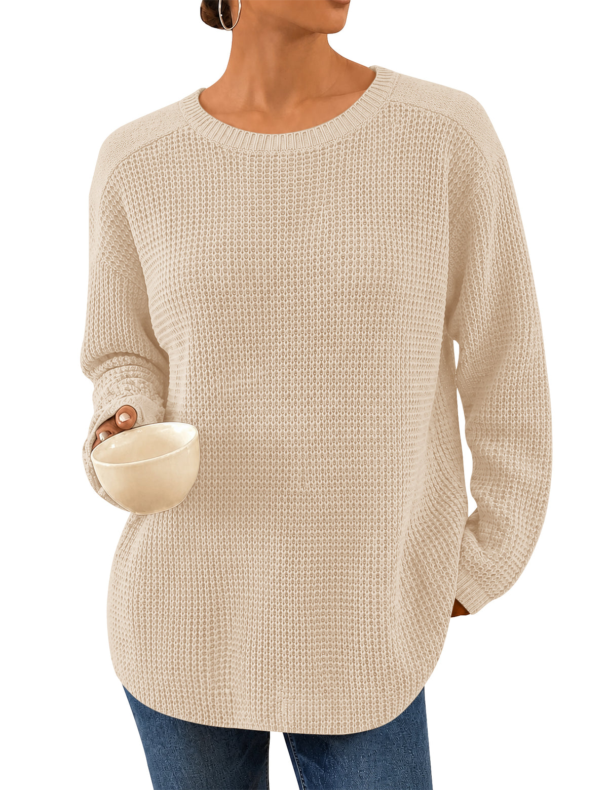 LOMON Womens Sweaters Crewneck Waffle Knit Top Winter Fall Fashion Clothing