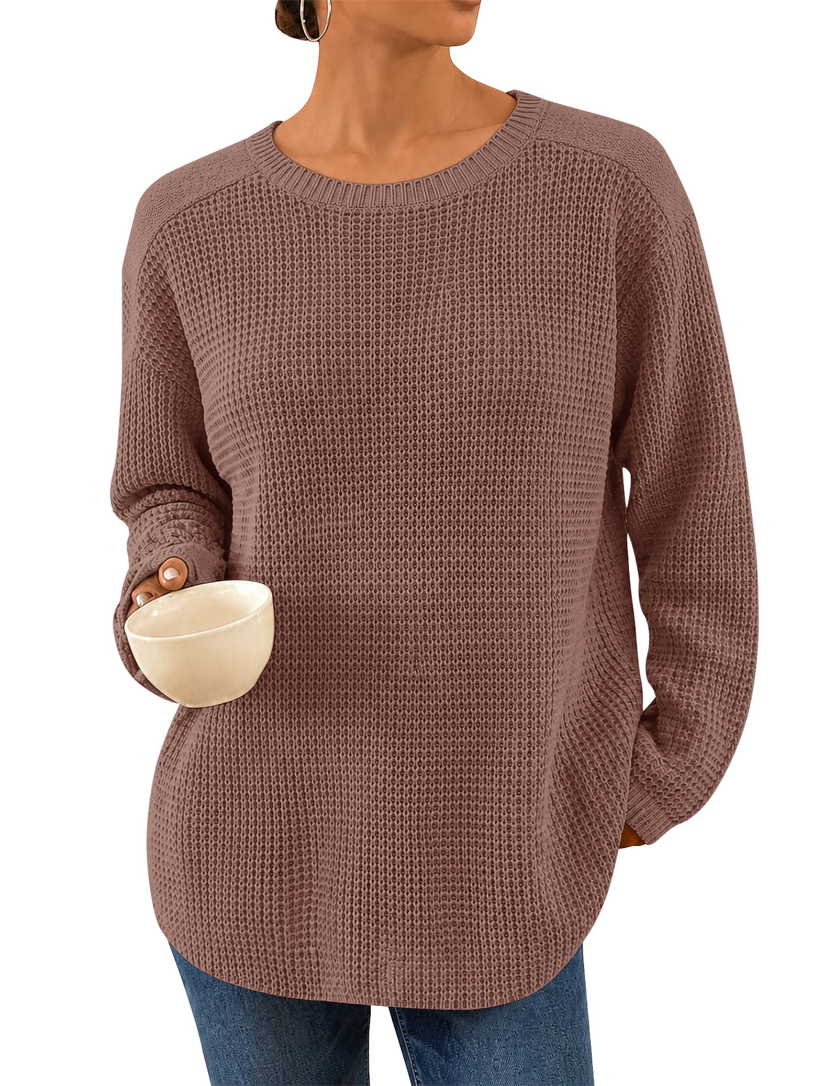 LOMON Womens Sweaters Crewneck Waffle Knit Top Winter Fall Fashion Clothing